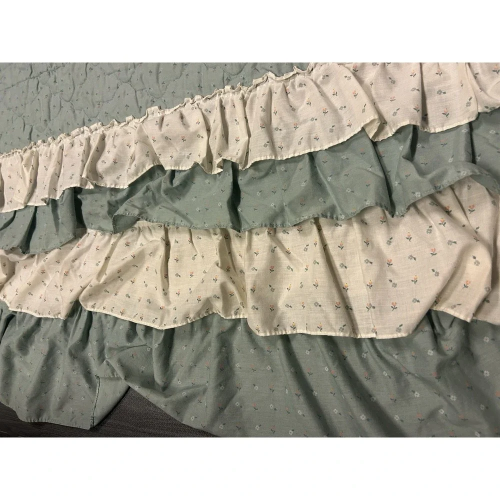 Vintage Sears Cottagecore Full Green‎ Floral Ruffle Bedspread Sheets Pillow Case